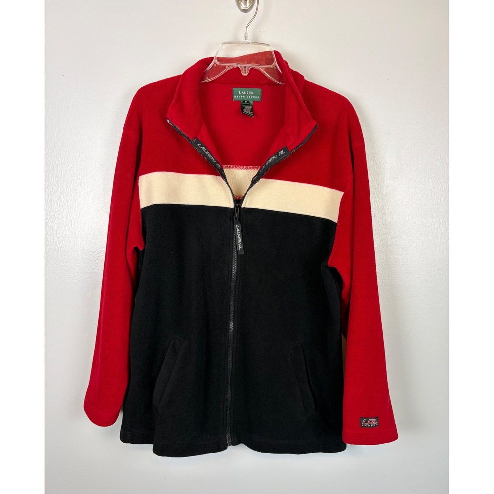 Lauren Ralph Lauren Fleece Jacket Medium Red Black Colorblock Full Zip Mock Neck